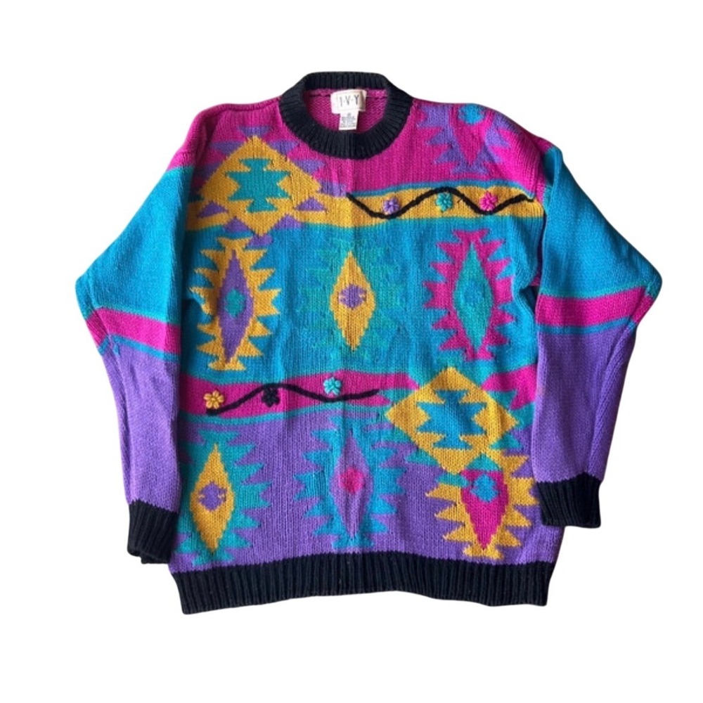 Vintage IVY Sweater Womens Medium 90s Geometric Southwestern Floral Knit Pink M